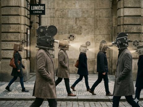 lidé na&nbsp;chodníku s&nbsp;promítačkami místo hlav, jako symbolické vyjádření psychycké projekce