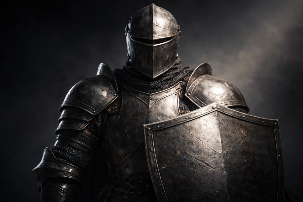 rytíř v brnění se štítem jako metafora psychických obran