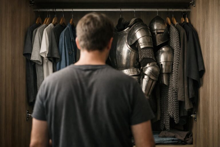 muž před skříní, ve které jsou mezi tričky i brnění, jako symbol psychických obran